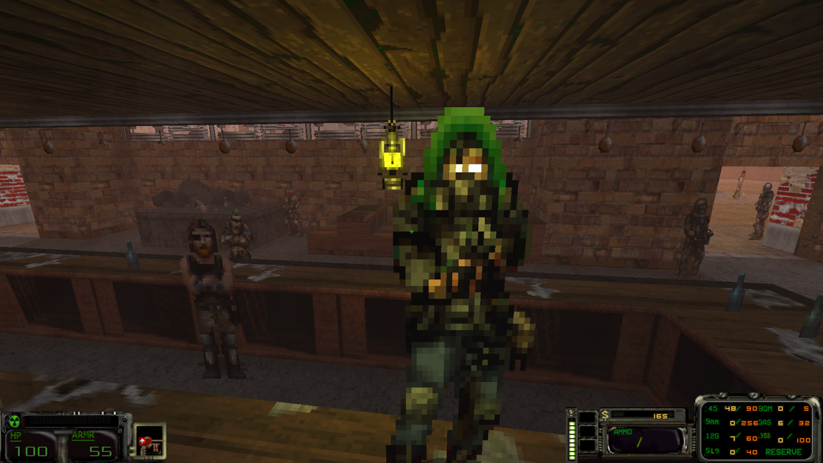 Ashes 2063 (Windows) screenshot: A view of the protagonist scavenger in the bar mirror. <i>(Ashes 2063: Enriched Edition v2.2)</i>