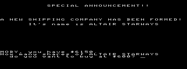 Star Lanes (TRS-80 CoCo) screenshot: New Shipping Company has been Formed