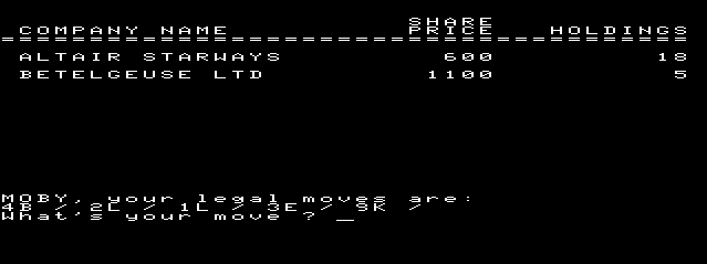 Star Lanes (TRS-80 CoCo) screenshot: Current Stock Holdings
