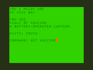 Star Trek Adventure #2 (TRS-80 CoCo) screenshot: The Vaccine is in Sick Bay