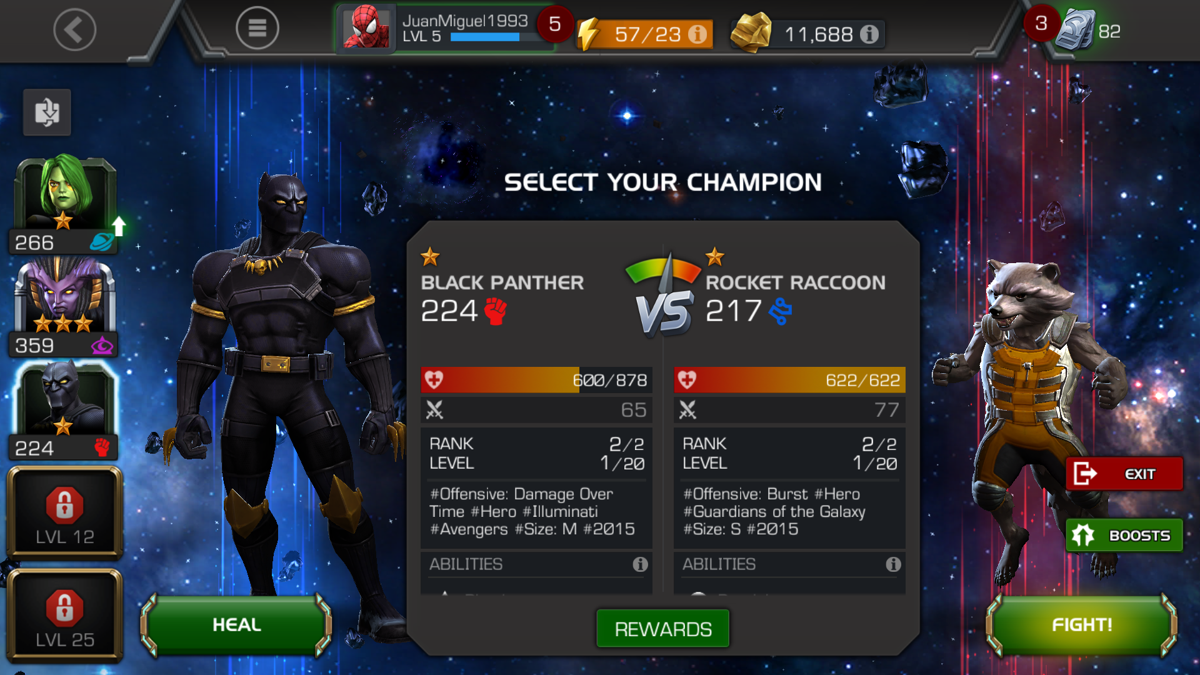 Marvel: Contest of Champions (Android) screenshot: The animal war between Black Panther and Rocket Raccoon is ready.