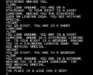 The Secret of Arendarvon Castle (BBC Micro) screenshot: 'MEASURE' is to construct a map of the castle, and predict the situation of a secret passage in a blank spot on your map. This room is 2 wide 2 deep.