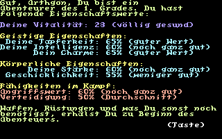 Schwert und Magie II: Folge 3+4 (Commodore 64) screenshot: Your character is assigned certain randomly determined primary attributes.