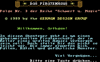 Schwert und Magie II: Folge 3+4 (Commodore 64) screenshot: Start Screen Folge Nr. 3: Das Piratenhaus.