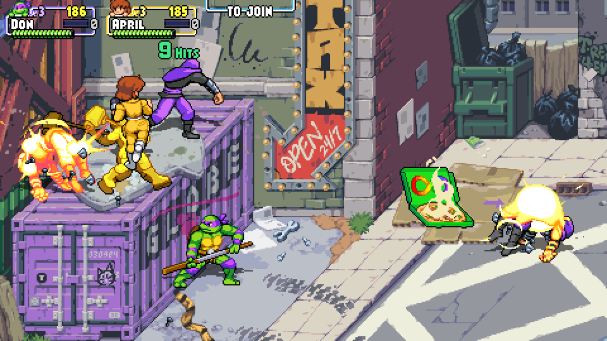 Teenage Mutant Ninja Turtles: Shredder's Revenge (Windows) screenshot: The infinite sign pizza grants unlimited use of super attacks for a short time