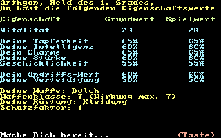 Schwert und Magie II: Folge 3+4 (Commodore 64) screenshot: Folge Nr. 3: Your Stats. You can reload the hero of your previous adventures and start this one as a 3rd degree hero (or heroine).