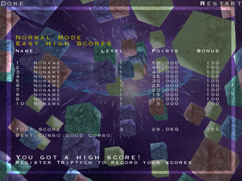 Triptych (Windows) screenshot: Scores table but record not registered in shareware version