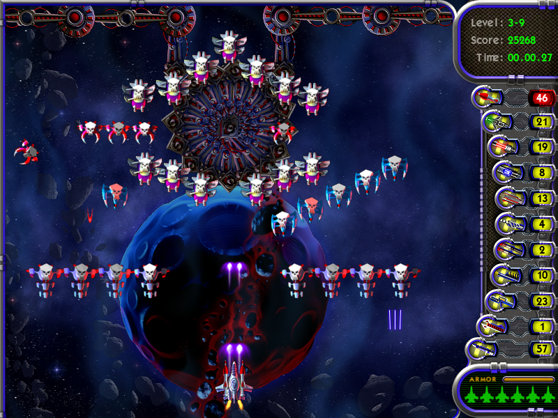 Astro Fury (Windows) screenshot: Stage 3 is full of ships with skulls on them, meaning that they are either piloted by space pirates or by some skeleton-like aliens.