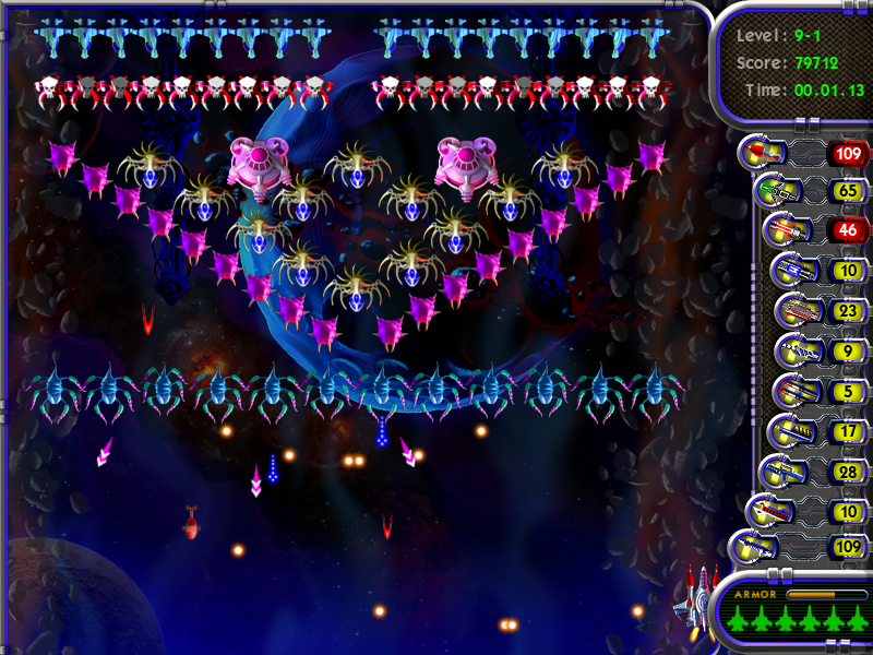 Astro Fury (Windows) screenshot: Whoa. Those are some seriously fortified rows of alien ships. But we will break through them with our big arsenal of extra weapons.