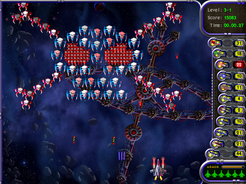 Astro Fury (Windows) screenshot: Stage 3 in which enemy ships are in the formation of pirate skull and crossbones.