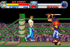Final Fight One (Game Boy Advance) screenshot: Sodom is the 2nd boss of the game. Look out: these 2 swords are murderous!