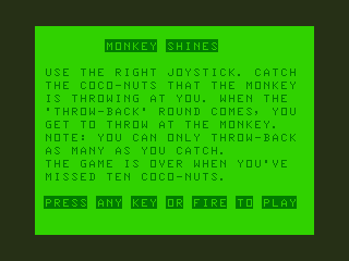 Monkey Shines (TRS-80 CoCo) screenshot: Title Screen