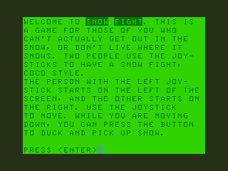 Snow Fight (TRS-80 CoCo) screenshot: Instructions