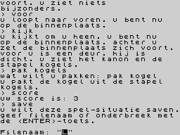 The Secret of Arendarvon Castle (ZX Spectrum) screenshot: To save the game mode, type "SAVE". (Dutch)