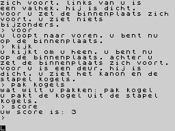 The Secret of Arendarvon Castle (ZX Spectrum) screenshot: If you want to have something in your possession you need to type "PAK" and to know the score, type "SCORE" (Dutch)