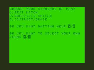 Tim Love's Cricket (Dragon 32/64) screenshot: Game setup