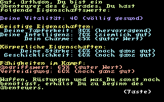 Schwert und Magie IV: Folge 7+8 (Commodore 64) screenshot: The Stats of your Level 6 hero (or heroine).