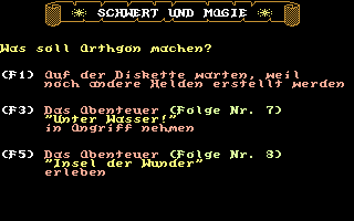 Schwert und Magie IV: Folge 7+8 (Commodore 64) screenshot: Menu: Waiting on the disk while other heroes are being created, play Folge 7 or play Folge 8.