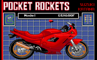 Pocket Rockets (Amiga) screenshot: Pick the bike model and game mode.