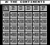 Jeopardy! Platinum Edition (Game Boy) screenshot: Choose a category and prize.