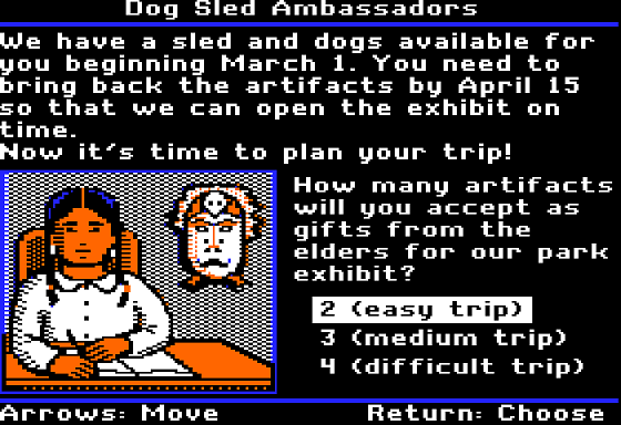 Dog Sled Ambassadors (Apple II) screenshot: Choose the Difficulty