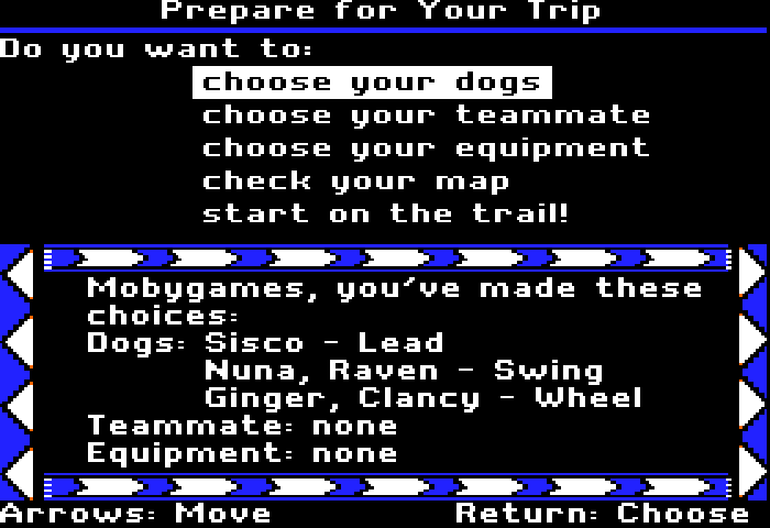 Dog Sled Ambassadors (Apple II) screenshot: Preparing my Expedition