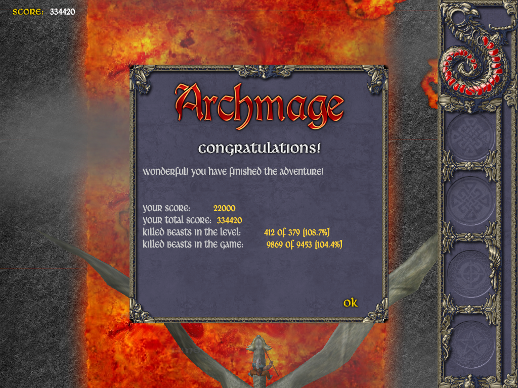 ArchMage (Windows) screenshot: Ding dong! the evil Thorg - the demon king is defeated.