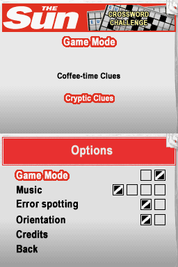 The Sun Crossword Challenge (Nintendo DS) screenshot: Options Menu