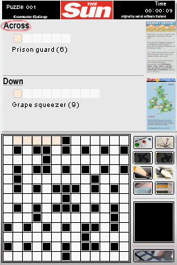 The Sun Crossword Challenge (Nintendo DS) screenshot: Crossword #1 (with 'Coffee-Time' clues). The black square on the right is where you write your letters using Handwriting mode