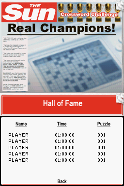 The Sun Crossword Challenge (Nintendo DS) screenshot: The Hall of Fame screen where you can check your best puzzle completion times