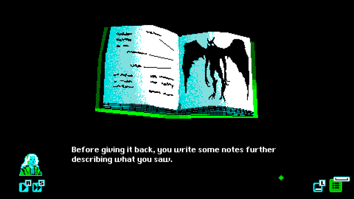 Mothmen 1966 (Windows) screenshot: Victoria draws the mothman she just saw.
