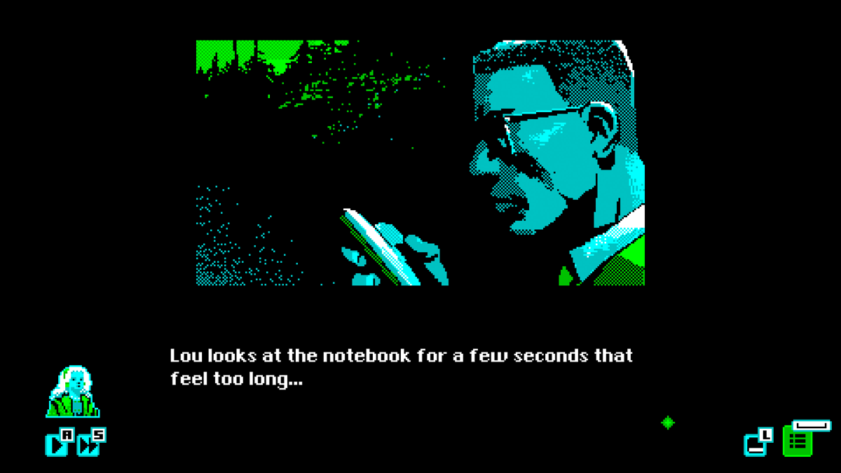 Mothmen 1966 (Windows) screenshot: Lou checks the picture in his notebook.