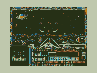 3D Space Wars (TRS-80 CoCo) screenshot: Preparing to Launch