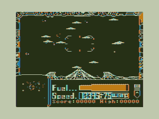 3D Space Wars (TRS-80 CoCo) screenshot: Incoming Enemy Vessels
