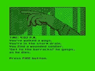 War of the Worlds: Chapter Three - The Last Hope (TRS-80 CoCo) screenshot: Helping an Injured Soldier