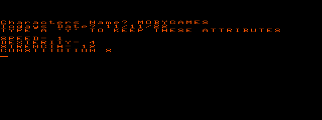 Arena of Skill (TRS-80 CoCo) screenshot: Creating a Character
