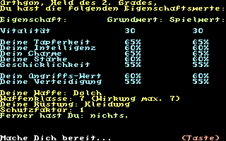 Schwert und Magie II: Folge 3+4 (Commodore 64) screenshot: Folge Nr. 4: Your Stats. You can reload the hero of your previous adventures and start this one as a 4rd degree hero (or heroine).