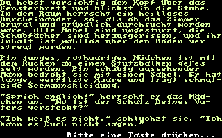 Schwert und Magie II: Folge 3+4 (Commodore 64) screenshot: Folge Nr. 3: You carefully lift your head over the window sill and look into the living room. Oh no. A red haired girl is in trouble!