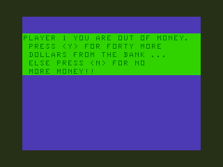 Blackjack (TRS-80 CoCo) screenshot: I Ran Out of Money