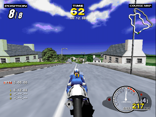 Manx TT SuperBike (Windows) screenshot: T.T. Course - little village on the side of the road