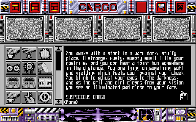 Suspicious Cargo (Amiga) screenshot: For an IF game the screen is rather cluttered.