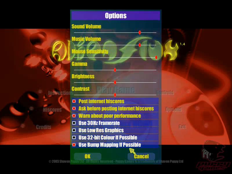 AlienFlux (Windows) screenshot: Options menu