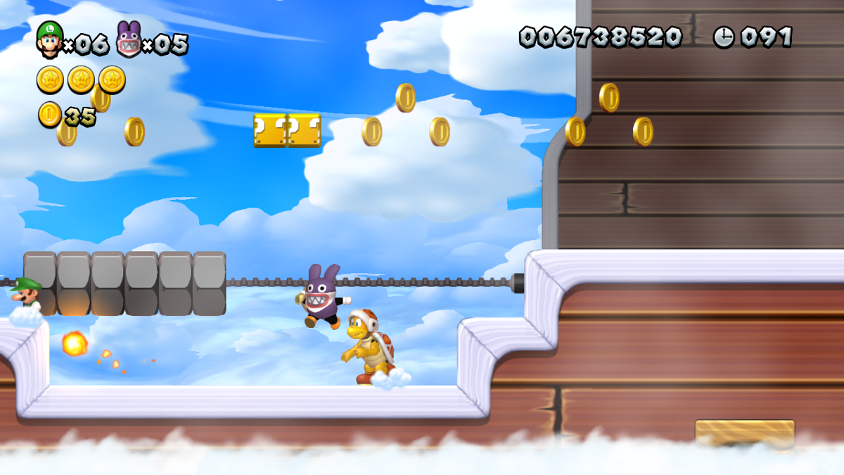 New Super Luigi U (Wii U) screenshot: Nabbit is invulnerable to anything but instant death hazards and pits