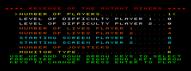 Revenge of the Mutant Miners (TRS-80 CoCo) screenshot: Main Menu