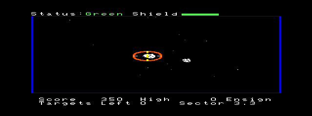 Warp Fighter 3-D (TRS-80 CoCo) screenshot: Targeting an Asteroid