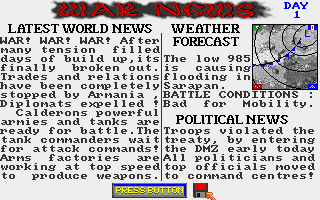 Tank Attack (Amiga) screenshot: War news at the start of a new game.