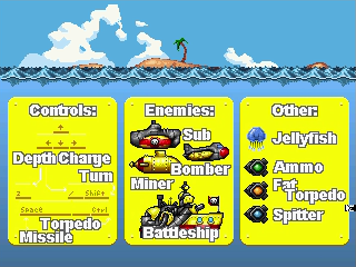 Dive and Destroy: Submarine Commander (Windows) screenshot: Brief info about enemies, weapons etc.