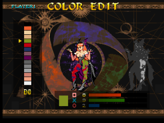 Darkstalkers 3 (PlayStation) screenshot: Original character mode: you can customize the colors of your characters and put these ones in action here.