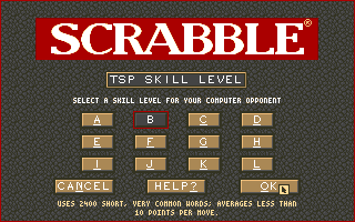 Scrabble (Amiga) screenshot: Choosing the computer difficulty level.