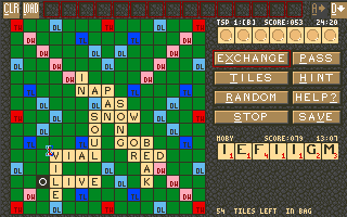 Scrabble (Amiga) screenshot: Adding a letter "o" to live to make olive.